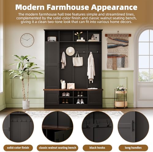 Merax Farmhouse Wood Hall Tree with Shoe Bench and 2 Drawers, 4-in-1 Coat Rack with 6 Hooks for Entrance, Hallway, Mudroom Black