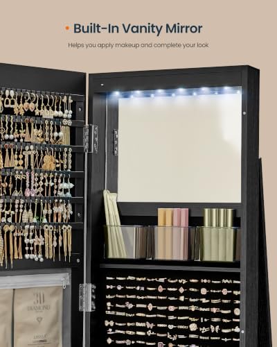 SONGMICS HOME Standing Jewelry Armoire, Full Length Mirror with Storage | Lockable Jewelry Cabinet with 6 LED Lights, Floor Mirror, Built-in Vanity, Black Surface, Black Lining UJJC007B01SH