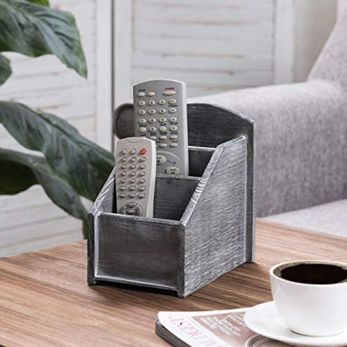 MyGift Graywashed Wood Remote Control Holder, 3-Compartment Organizer