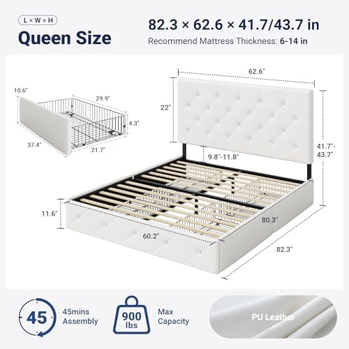 Allewie Queen Size Storage Bed Frame with 4 Underbed Drawers, Upholstered Platform Bed with Adjustable Headboard, Diamond Button Tufted, Easy Assembly, Noise-Free, No Box Spring Needed, White
