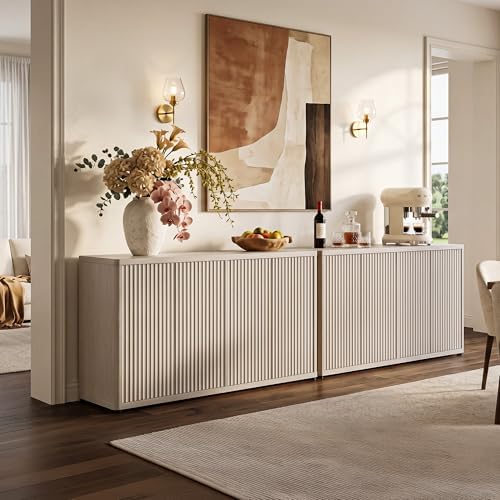 SICOTAS Buffet Cabinet with Storage Accent Sideboard with 8 Doors 132.6" Fluted Credenza Modern Buffet Table Media Console Cabinet Entryway Cabinets for Living Room Kitchen Dining Room Hallway