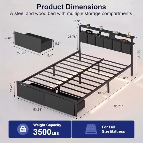 Full Size Bed Frame with Storage Drawers, Charging Station and LED Lights, Upholstered Headboard with 2-Tier Shelves, Heavy Duty Metal Slats, No Box Spring Needed, Noise Free, Easy Assembly