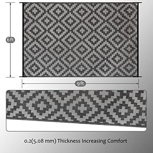 SAND MINE Waterproof Outdoor Rug 6x9 ft, Plastic Reversible Rug, Modern Area Rug, Large Floor Mat for Outdoors, RV, Patio, Backyard, Deck, Picnic, Beach, Camping, Black Grey Lattice