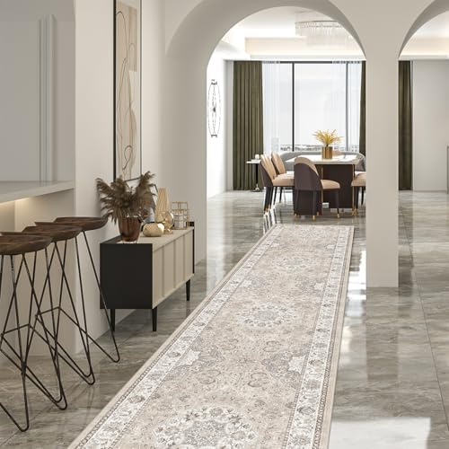 Hallway Washable Runner Rug - 2'6x14 Kitchen Rugs Entryway Rug Runner Vintage Soft Floor Mat Non Slip Indoor Farmhouse Carpet for Bathroom Living Room Bedroom (2'6''x14', Beige)