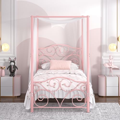 VECELO Metal Canopy Bed Frame Twin Size, 4 Posters Platform Mattress Foundation with Headboard, Heavy Duty Steel Slats Support, No Box Spring Needed, Pink