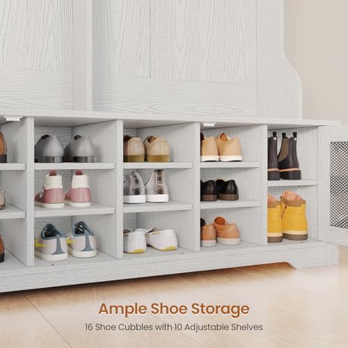 Itaar Hall Tree with Bench and Shoe Storage, 5-in-1 Entryway Bench with Coat Rack, 16 Shoe Cubbies & 12 Coat Hooks, Barn Door & Adjustable Shelf (Embossed White)