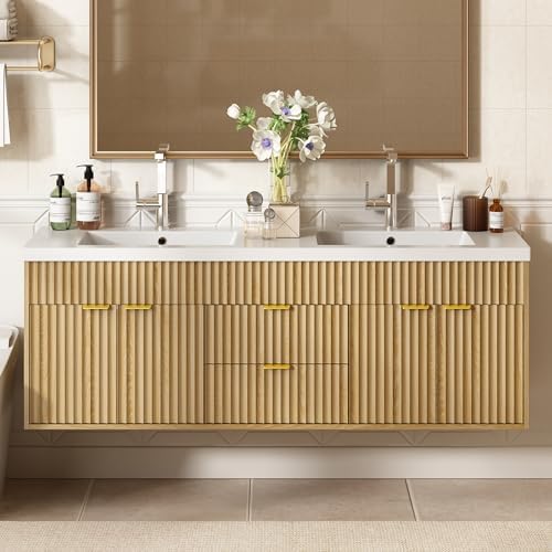 CARPETNAL 60 Inch Bathroom Vanity with Sink, Natural Oak. | Modern Fluted Large Double Sink Bathroom Vanity with Sink with 2 Storage Cabinets, Adjustable Shelf and 2 Drawers.