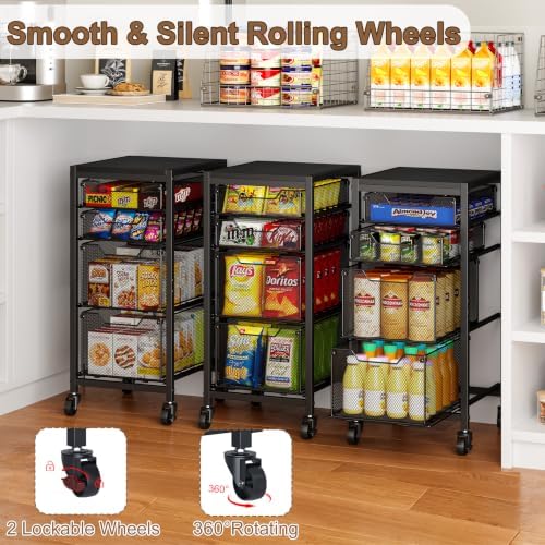 Rolling Storage Cart with Drawers, Under Desk Storage with Wooden Tabletop & Lockable Wheels, 4-Tier Storage Drawers for Bathroom, Craft, Office, Black