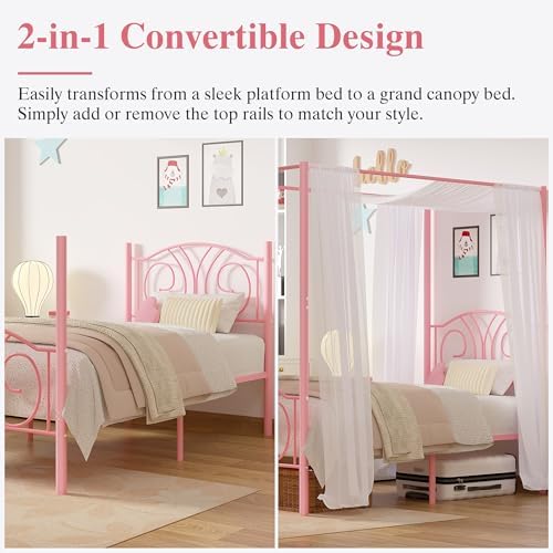 VECELO Twin Canopy Bed Frame, Vintage Scrollwork Headboard, Pink