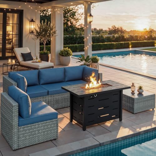 Shintenchi 6 Piece Outdoor Patio Furniture Set with 43 Inch Propane Fire Pit, Washable Cushions, Glass Coffee Table, Waterproof Cover & CSA Certified for Backyard Poolside, Silver PE Rattan/Navy Blue