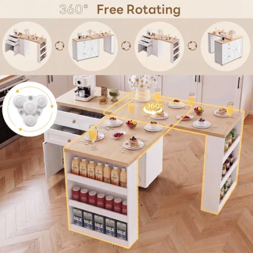 IRONCK Rolling Kitchen Island with 360° Swivel Table and Storage, White
