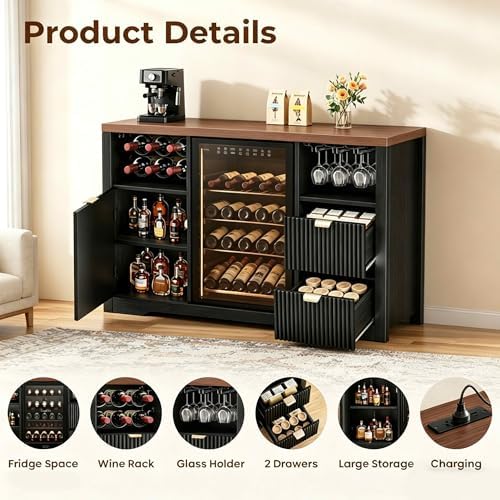 Coffee Bar Cabinet with Mini Fridge Space, 53"Wine Cabinets with Storage