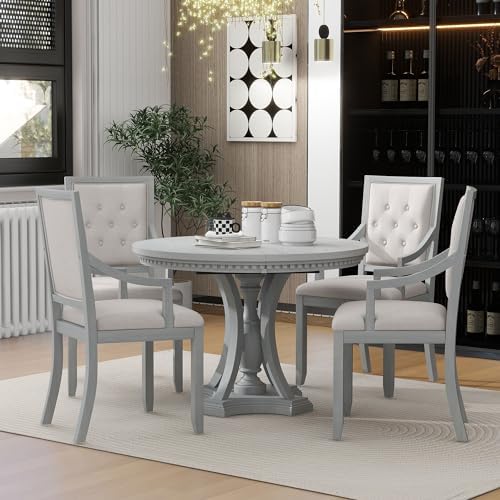LUMISOL 5-Piece Solid Wood Dining Table Set for 4, Extendable Round Kitchen Table Set with 4 Upholstered Chairs, Farmhouse Table and Chairs Set for Kitchen, Dining Room, Antique Grey