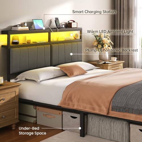Queen Bed Frame with Storage Drawers and Charging Station, Grey