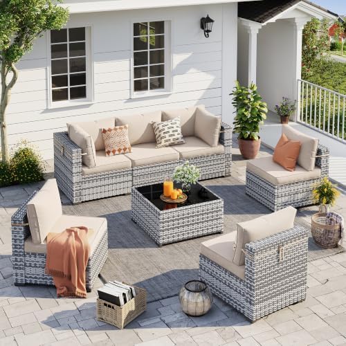 UDPATIO Outdoor Patio Furniture Set 7 Pcs Wicker Sectional Sofa Beige