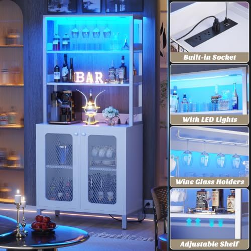 Aheaplus Bar Cabinet with Power Outlets, 67" Tall Wine Bar Cabinet, White