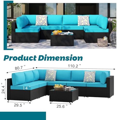 SUNLEI 7pcs Patio Conversation Sets Outdoor Furniture Sets, High Back All-Weather Rattan Sectional Sofa with Tea Table&Washable Couch Cushions(Black Rattan)（Blue）