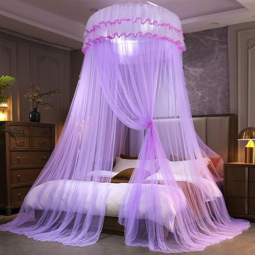 Kertnic Mosquito Net Bed Canopy for Girls, Princess Canopy Bed Curtain Fine Sheer Mesh Dome Bed Canopies, Girls & Adults Lace Tent for Twin Full Queen King Bed (Light Purple)