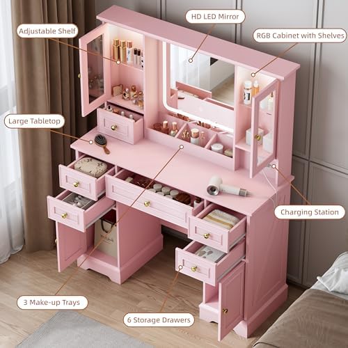 Vanity Desk with Mirror & Lights, Makeup Vanity with Power Outlet & USB Ports, Farmhouse Dressing Table, 6 Drawers & 4 Storage Cabinets, RGB Cabinet Lighting, 3-Color Dimmable Mirror