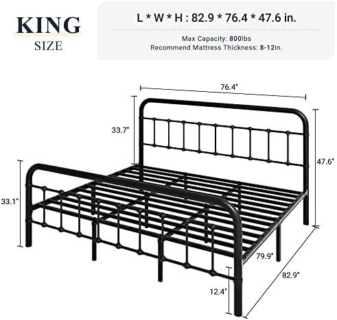 Allewie King Metal Bed Frame with Victorian Iron-Art Headboard, Black