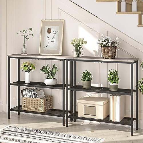 HOOBRO 29.5" Narrow Console Table, 3-Tier Entryway Table, Thin Sofa Table with Shelves, Side Table, Display Table, for Hallway, Entrance, Living Room, Bedroom, Greige and Black BG73XG01
