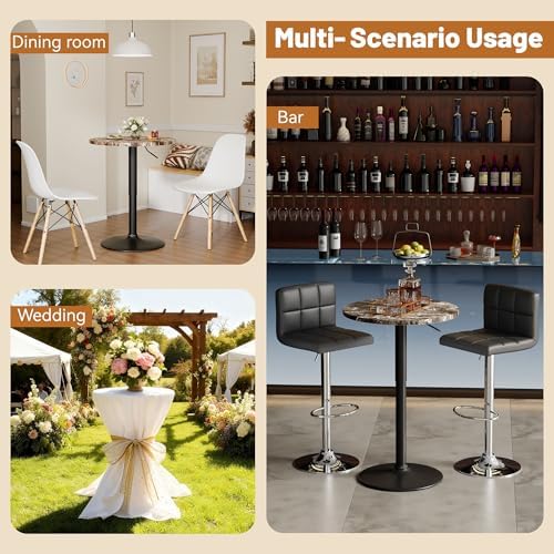 Flamaker Round Bistro Pub Table 23.6 Inch Height Adjustable 360° Swivel Bar Table Metal Base for Pub, Dining Room, Party (1, Marble-Black)