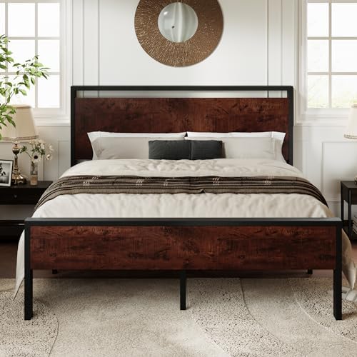 Allewie Queen Size Bed Frame, Heavy Duty 12 Metal Slats Support, Mahogany