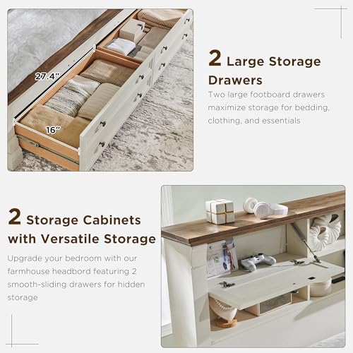 Wood Queen Size Bed Frame with 54" Tall Storage Headboard Charging Station