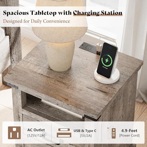 AMERLIFE 5 Pieces Farmhouse Bedroom Set, Includes Rustic Full Bed Frame with 54" Tall Headboard, 6 Drawer Dresser, 5 Drawer Tall Chest, Nightstands Set of 2 with Charging Station, Rustic Grey