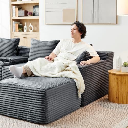 106-Inch Oversized L-Shaped Corner Cloud Couch Modular Cloud Sectional Couch W/Console & Ottoman, Compression Boneless Corner Sofa Plush Corduroy Sectional Sofa for Living Room