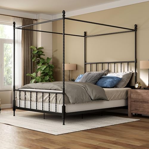 Furniture of America Vaeli Modern Metal Queen Size Four Poster Bed Frame with Spindles, Canopy Bedframe for Bedroom, Guest Room, Box Spring Required, Black