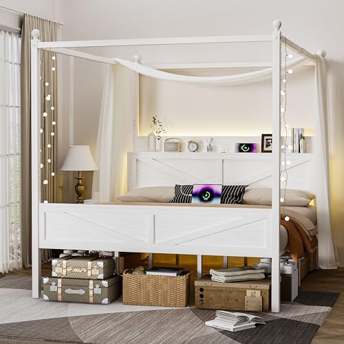 Canopy Bed Frame King Size with Barn Storage Headboard, Beige
