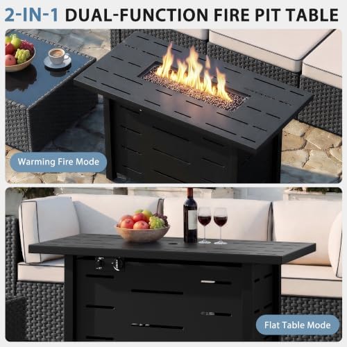 Shintenchi 6 Piece Outdoor Patio Furniture Set with 43 Inch Propane Fire Pit, Washable Cushions, Glass Coffee Table, Waterproof Cover & CSA Certified for Backyard Poolside, Black PE Rattan/Khaki