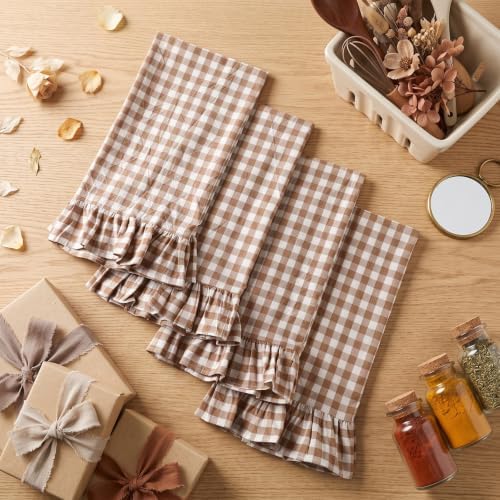 HunnmingRe 4 Pcs Taupe Gingham Kitchen Towels Cotton Ruffled