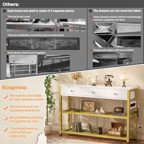 Ecoprsio 47'' Entryway Table with Outlets and USB Ports, Console Table with 3 Drawers, Sofa Table Narrow Long with Storage Shelves for Living Room, Couch, Hallway, Foyer, White and Golden