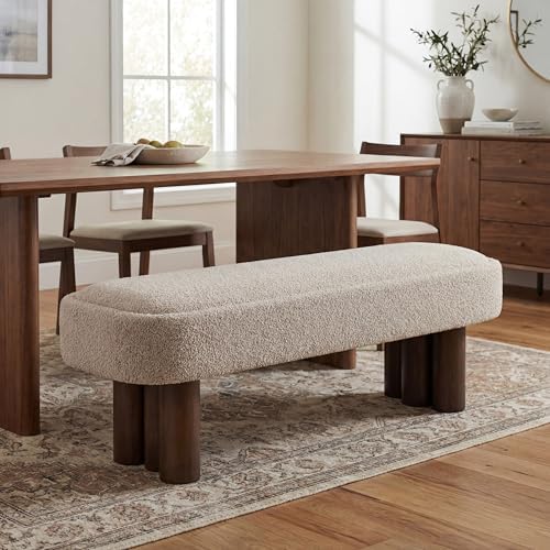 Christopher Knight Home Damas 60.04" Fabric Upholstered Dining Bench, Wooden Entryway Bench, Long Sofa Footstool for Living Room, Bedroom End of Bed Bench, Khaki+Walnut