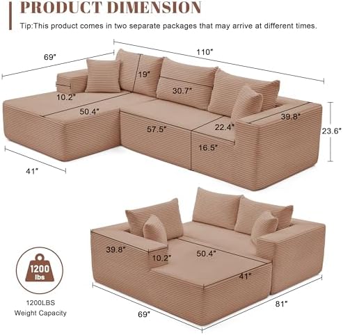 Mangodan 110” Boneless Couch, Cloud Sectional Sofa for Living Room, Camel