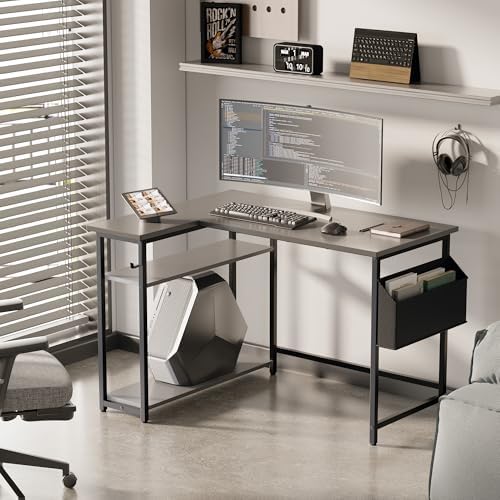 Pamray 40 Inch L Shaped Computer Desk with Reversible Side Storage Shelves, Small Corner Desk for Small Space Home Office, Writing Study Table PC Desk for Bedroom, Grey