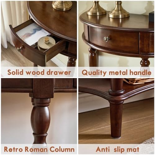 Half Moon Console Table Solid Wood Vintage Entryway Table with Storage Drawer Small Hallway Table for Entryway Half Round Foyer Tables Walnut Entry Way Tables For Entrance (Walnut, W-23.6")