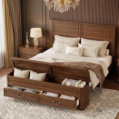 Farmhouse Queen Bed Frame with Tall Headboard, Rustic Solid Wood Platform Bed Queen Size with Storage Bench and 2 Large Drawers, No Squeak, No Box Spring Needed, Walnut