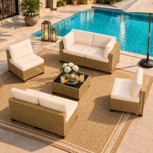 LOUVIXA 7 Piece Outdoor Patio Furniture Set, Outdoor Sectional Sofa, Wicker Rattan Patio Furniture, Patio Conversation Set with Coffee Table & Cushions