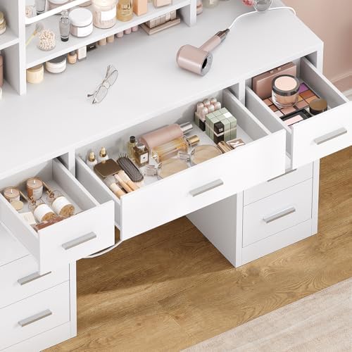 FIONESO Vanity Desk with Mirror, LED Lights and Power Outlet Makeup Vanity Table with 9 Drawers and 7 Storage Shelves Dressing Table for Bedroom Dressing Room (White)