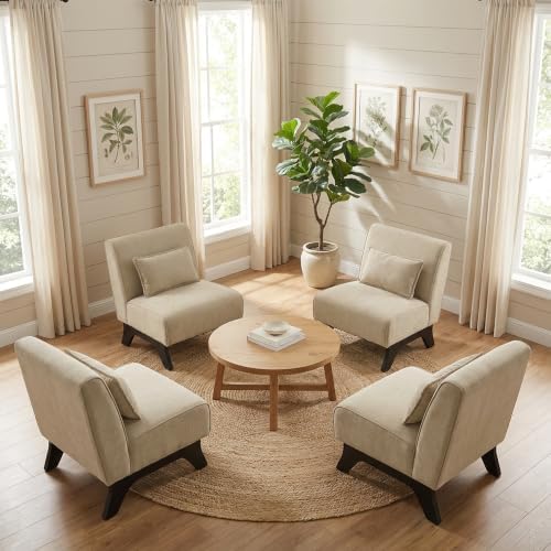 Upholstered Armless Accent Chair Set of 4,Modern Comfy Living Room Chairs with Wooden Legs& Pillows,Lounge Sofa Side Chair for Bedroom Farmhouse Reading (4 PCS, Brown)