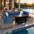 Shintenchi 8 Piece Outdoor Patio Furniture Set with 43 Inch Propane Fire Pit, Washable Cushions, Glass Coffee Table, Waterproof Cover & CSA Certified for Backyard Poolside, Natural PE Rattan/Navy Blue