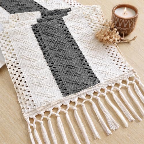 FEXIA Boho Table Runner with Tassels for Home Decor 12x72 Inches Grey