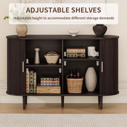 47.2" Sideboard Buffet Cabinet with Sliding Door,Fluted Cabinet with Storage & 2 Adjustable Shelfs,Mid Century Modern Coffee Bar Console Table for Kitchen, Living Room, Entryway，Dark Walnut