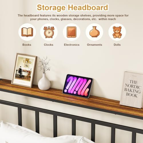 Queen Canopy Bed Frame with Storage Headboard Minimalist 4 Posters Bed