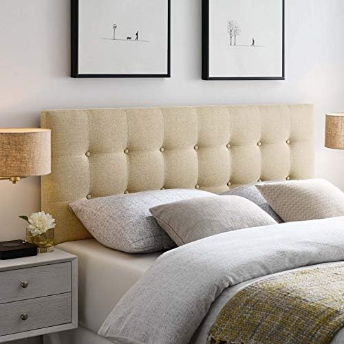 Modway Emily Tufted Button Linen Fabric Upholstered Queen Headboard in Beige