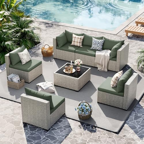 UDPATIO Outdoor Patio Furniture Set 7 Pcs Wicker Sectional Sofa Green