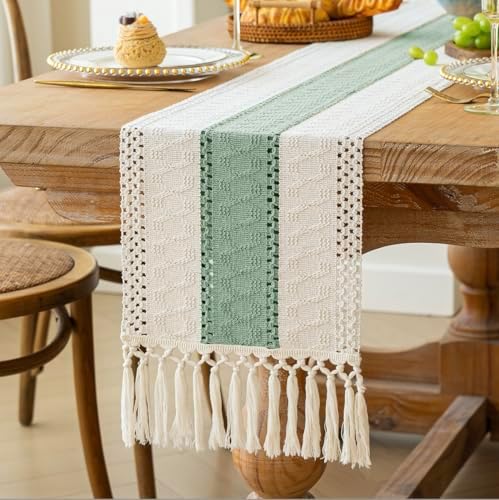 FEXIA Boho Table Runner for Home Decor 12x60 Sage Green Fall Decorations